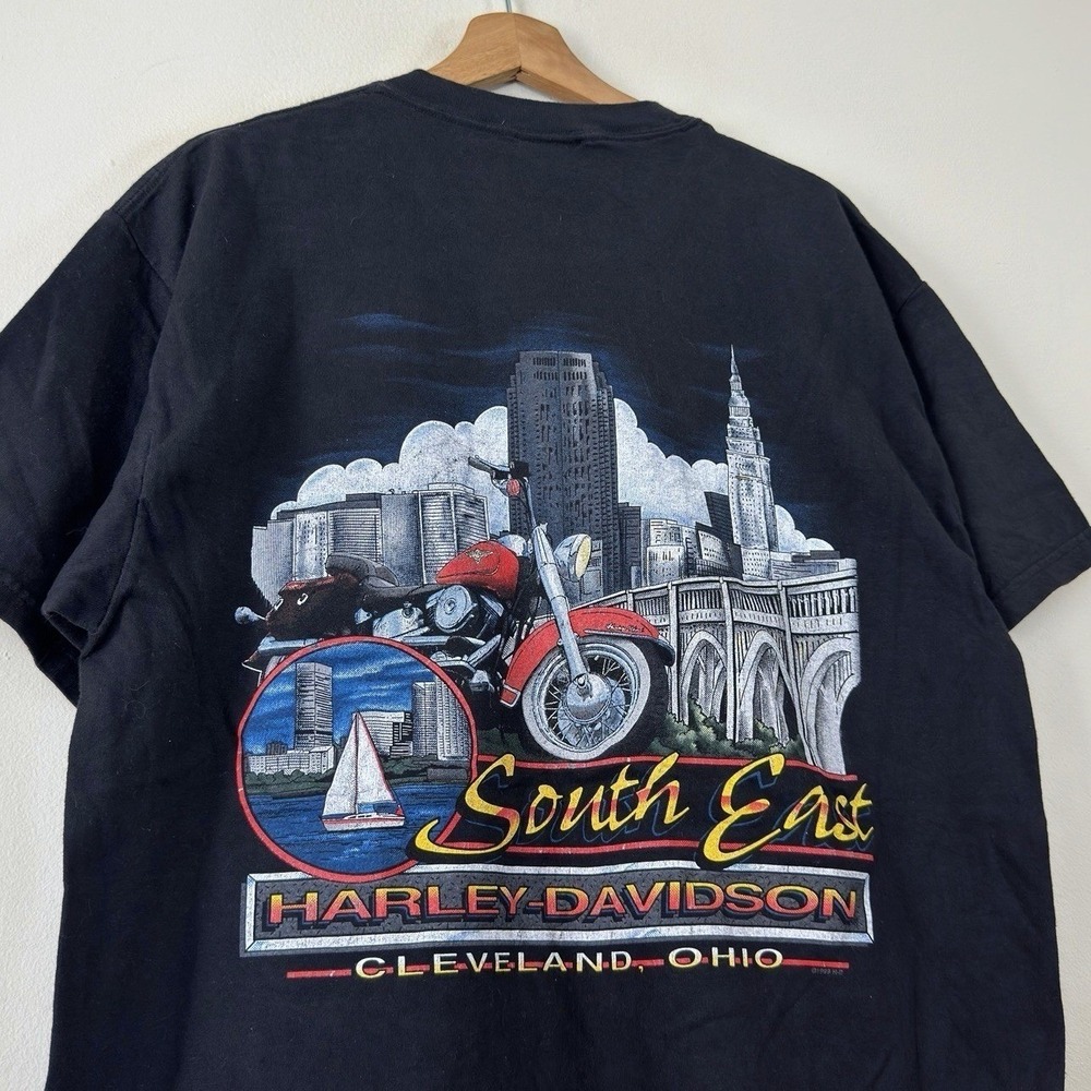 Vintage 90's Harley Davidson Biker Flames Cleveland Ohio Black Tee Shirt Large - Picture 2 of 5